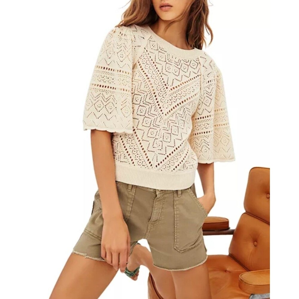 BA&SH Claire Pointelle Bell Sleeve Cotton Eyelet Sweater Off White XS Ribbed EUC